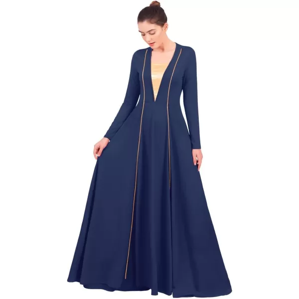 OwlFay Women Metallic VNeck Praise Loose Fit Full Length Long Sleeve Dance Dress Liturgical Church Dancewear Worship CostumeNavy Blue