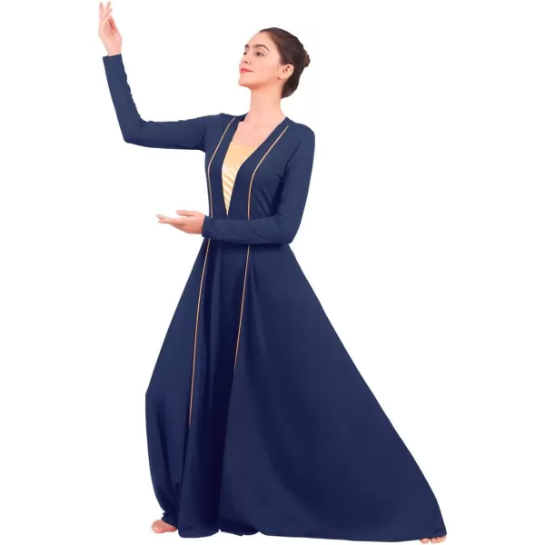 OwlFay Women Metallic VNeck Praise Loose Fit Full Length Long Sleeve Dance Dress Liturgical Church Dancewear Worship CostumeNavy Blue