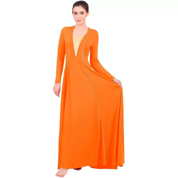 OwlFay Women Metallic VNeck Praise Loose Fit Full Length Long Sleeve Dance Dress Liturgical Church Dancewear Worship CostumeOrange