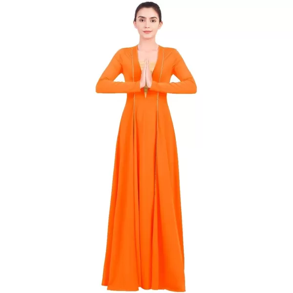 OwlFay Women Metallic VNeck Praise Loose Fit Full Length Long Sleeve Dance Dress Liturgical Church Dancewear Worship CostumeOrange