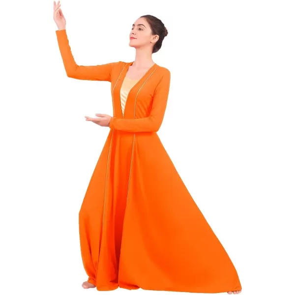 OwlFay Women Metallic VNeck Praise Loose Fit Full Length Long Sleeve Dance Dress Liturgical Church Dancewear Worship CostumeOrange