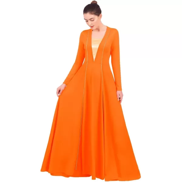 OwlFay Women Metallic VNeck Praise Loose Fit Full Length Long Sleeve Dance Dress Liturgical Church Dancewear Worship CostumeOrange