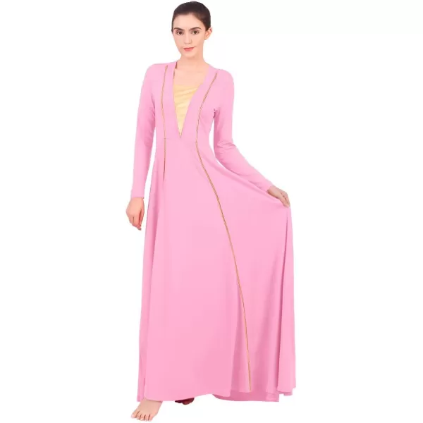 OwlFay Women Metallic VNeck Praise Loose Fit Full Length Long Sleeve Dance Dress Liturgical Church Dancewear Worship CostumePink