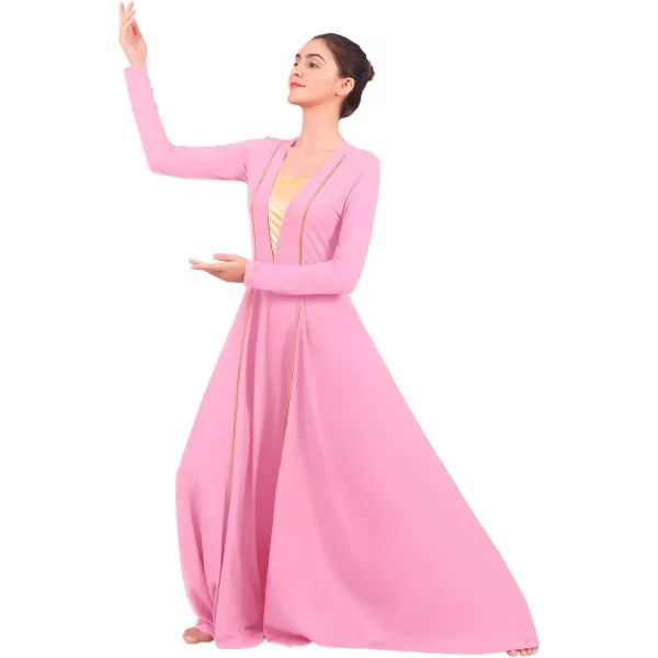 OwlFay Women Metallic VNeck Praise Loose Fit Full Length Long Sleeve Dance Dress Liturgical Church Dancewear Worship CostumePink