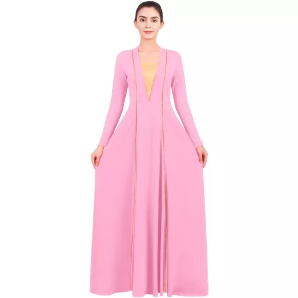OwlFay Women Metallic VNeck Praise Loose Fit Full Length Long Sleeve Dance Dress Liturgical Church Dancewear Worship CostumePink