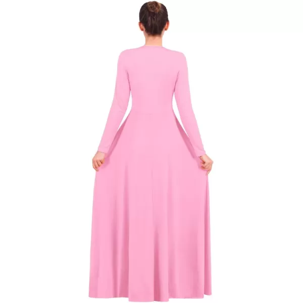 OwlFay Women Metallic VNeck Praise Loose Fit Full Length Long Sleeve Dance Dress Liturgical Church Dancewear Worship CostumePink