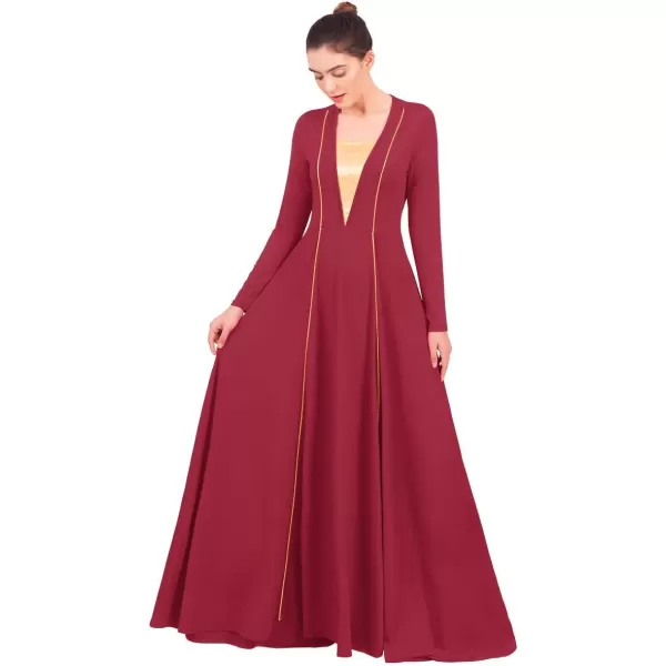 OwlFay Women Metallic VNeck Praise Loose Fit Full Length Long Sleeve Dance Dress Liturgical Church Dancewear Worship CostumeWine Red