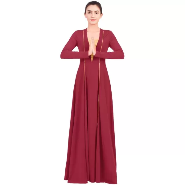 OwlFay Women Metallic VNeck Praise Loose Fit Full Length Long Sleeve Dance Dress Liturgical Church Dancewear Worship CostumeWine Red