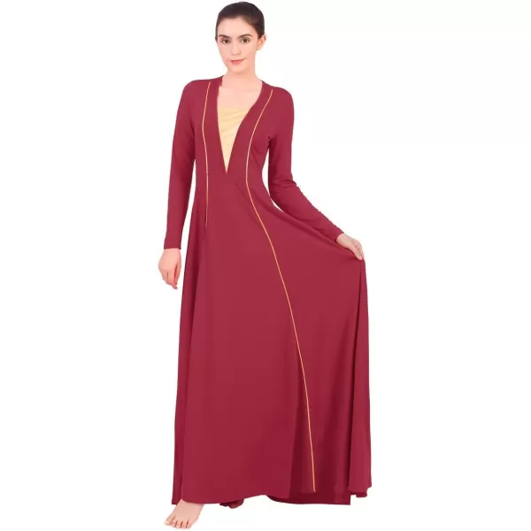 OwlFay Women Metallic VNeck Praise Loose Fit Full Length Long Sleeve Dance Dress Liturgical Church Dancewear Worship CostumeWine Red