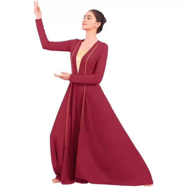 OwlFay Women Metallic VNeck Praise Loose Fit Full Length Long Sleeve Dance Dress Liturgical Church Dancewear Worship CostumeWine Red