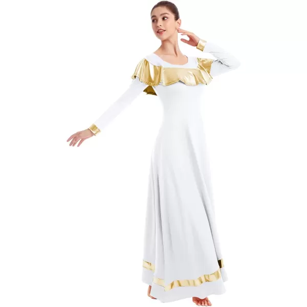 OwlFay Women Ruffle Metallic Gold Color Block Praise Dance Dresses Liturgical Lyrical Worship Tunic Skirt Dancewear CostumeOwlFay Women Ruffle Metallic Gold Color Block Praise Dance Dresses Liturgical Lyrical Worship Tunic Skirt Dancewear Costume