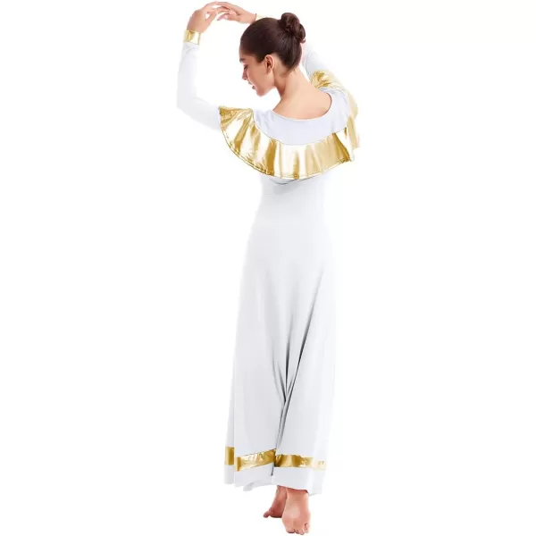 OwlFay Women Ruffle Metallic Gold Color Block Praise Dance Dresses Liturgical Lyrical Worship Tunic Skirt Dancewear CostumeOwlFay Women Ruffle Metallic Gold Color Block Praise Dance Dresses Liturgical Lyrical Worship Tunic Skirt Dancewear Costume