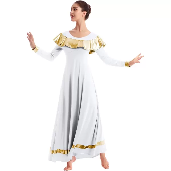 OwlFay Women Ruffle Metallic Gold Color Block Praise Dance Dresses Liturgical Lyrical Worship Tunic Skirt Dancewear CostumeOwlFay Women Ruffle Metallic Gold Color Block Praise Dance Dresses Liturgical Lyrical Worship Tunic Skirt Dancewear Costume