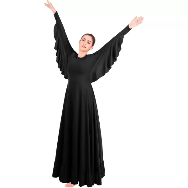 OwlFay Womens Angel Wings Liturgical Praise Dance Dress Solid Ruffle Loose Fit Full Length Church Dancewear Worship CostumeBlack