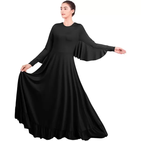 OwlFay Womens Angel Wings Liturgical Praise Dance Dress Solid Ruffle Loose Fit Full Length Church Dancewear Worship CostumeBlack