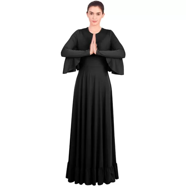 OwlFay Womens Angel Wings Liturgical Praise Dance Dress Solid Ruffle Loose Fit Full Length Church Dancewear Worship CostumeBlack