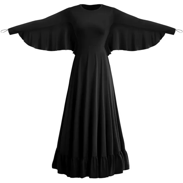 OwlFay Womens Angel Wings Liturgical Praise Dance Dress Solid Ruffle Loose Fit Full Length Church Dancewear Worship CostumeBlack