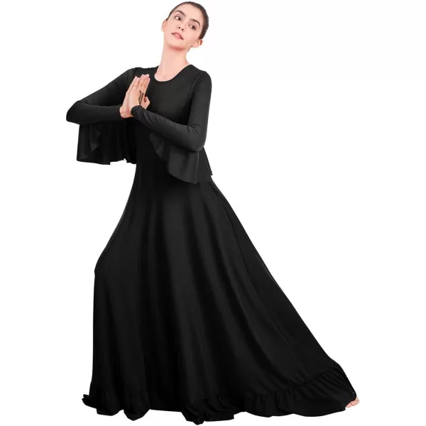 OwlFay Womens Angel Wings Liturgical Praise Dance Dress Solid Ruffle Loose Fit Full Length Church Dancewear Worship CostumeBlack