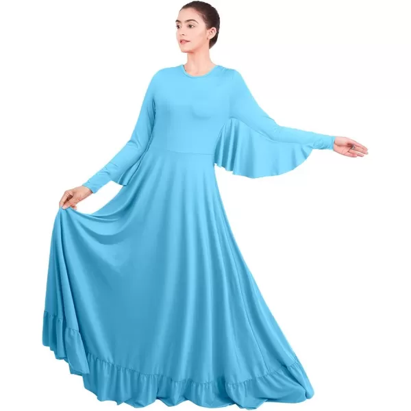 OwlFay Womens Angel Wings Liturgical Praise Dance Dress Solid Ruffle Loose Fit Full Length Church Dancewear Worship CostumeBlue