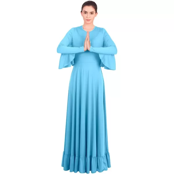 OwlFay Womens Angel Wings Liturgical Praise Dance Dress Solid Ruffle Loose Fit Full Length Church Dancewear Worship CostumeBlue