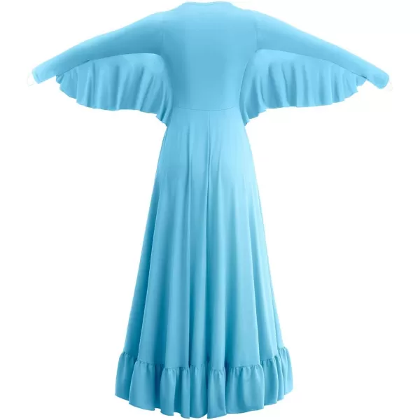 OwlFay Womens Angel Wings Liturgical Praise Dance Dress Solid Ruffle Loose Fit Full Length Church Dancewear Worship CostumeBlue