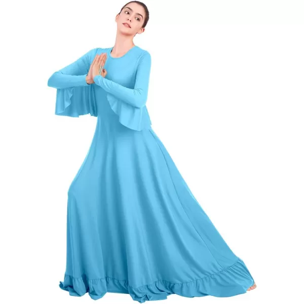 OwlFay Womens Angel Wings Liturgical Praise Dance Dress Solid Ruffle Loose Fit Full Length Church Dancewear Worship CostumeBlue