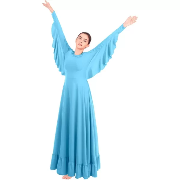 OwlFay Womens Angel Wings Liturgical Praise Dance Dress Solid Ruffle Loose Fit Full Length Church Dancewear Worship CostumeBlue