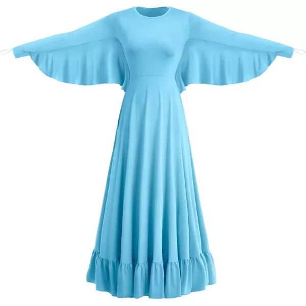 OwlFay Womens Angel Wings Liturgical Praise Dance Dress Solid Ruffle Loose Fit Full Length Church Dancewear Worship CostumeBlue