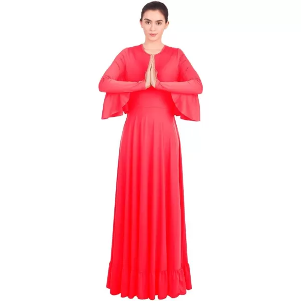 OwlFay Womens Angel Wings Liturgical Praise Dance Dress Solid Ruffle Loose Fit Full Length Church Dancewear Worship CostumeFluorescent Orange