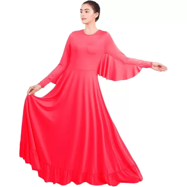 OwlFay Womens Angel Wings Liturgical Praise Dance Dress Solid Ruffle Loose Fit Full Length Church Dancewear Worship CostumeFluorescent Orange