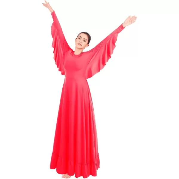 OwlFay Womens Angel Wings Liturgical Praise Dance Dress Solid Ruffle Loose Fit Full Length Church Dancewear Worship CostumeFluorescent Orange