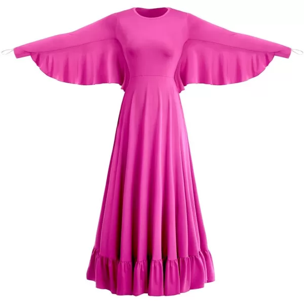 OwlFay Womens Angel Wings Liturgical Praise Dance Dress Solid Ruffle Loose Fit Full Length Church Dancewear Worship CostumeHot Pink