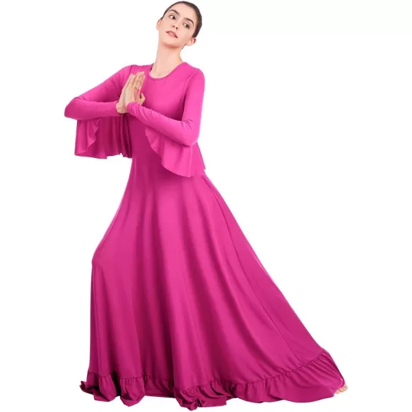 OwlFay Womens Angel Wings Liturgical Praise Dance Dress Solid Ruffle Loose Fit Full Length Church Dancewear Worship CostumeHot Pink