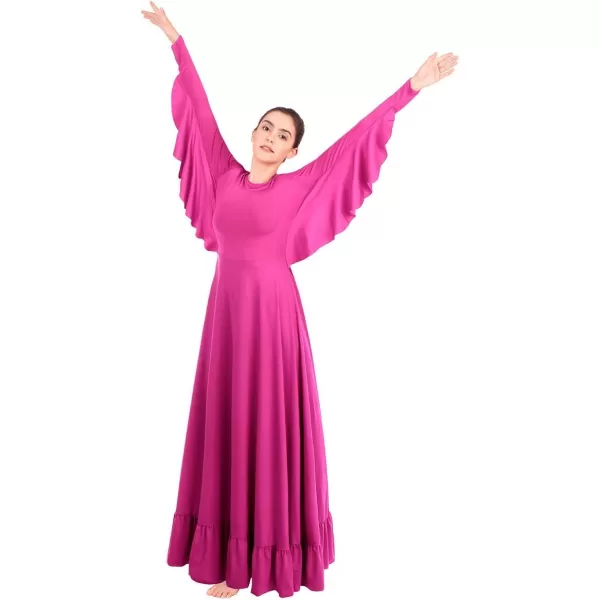 OwlFay Womens Angel Wings Liturgical Praise Dance Dress Solid Ruffle Loose Fit Full Length Church Dancewear Worship CostumeHot Pink