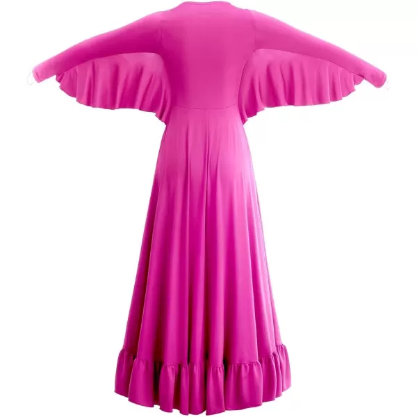 OwlFay Womens Angel Wings Liturgical Praise Dance Dress Solid Ruffle Loose Fit Full Length Church Dancewear Worship CostumeHot Pink