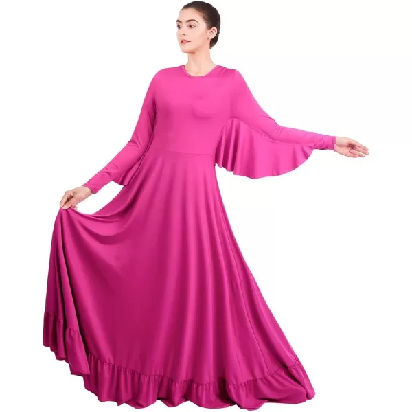 OwlFay Womens Angel Wings Liturgical Praise Dance Dress Solid Ruffle Loose Fit Full Length Church Dancewear Worship CostumeHot Pink