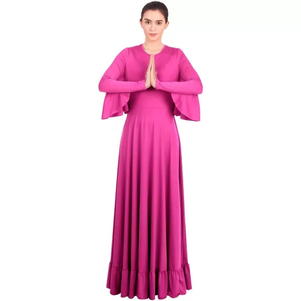 OwlFay Womens Angel Wings Liturgical Praise Dance Dress Solid Ruffle Loose Fit Full Length Church Dancewear Worship CostumeHot Pink