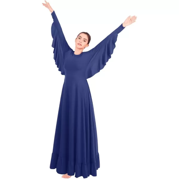 OwlFay Womens Angel Wings Liturgical Praise Dance Dress Solid Ruffle Loose Fit Full Length Church Dancewear Worship CostumeNavy Blue