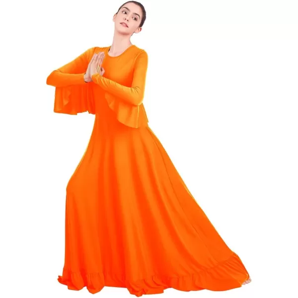 OwlFay Womens Angel Wings Liturgical Praise Dance Dress Solid Ruffle Loose Fit Full Length Church Dancewear Worship CostumeOrange