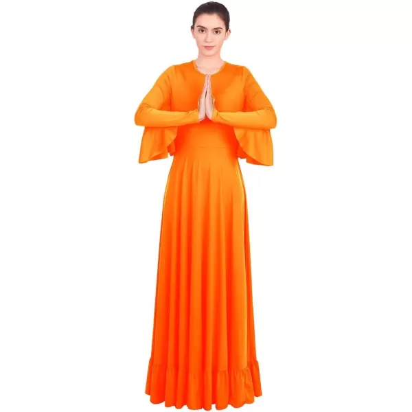 OwlFay Womens Angel Wings Liturgical Praise Dance Dress Solid Ruffle Loose Fit Full Length Church Dancewear Worship CostumeOrange