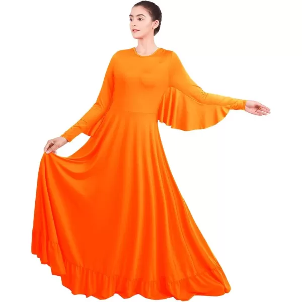 OwlFay Womens Angel Wings Liturgical Praise Dance Dress Solid Ruffle Loose Fit Full Length Church Dancewear Worship CostumeOrange