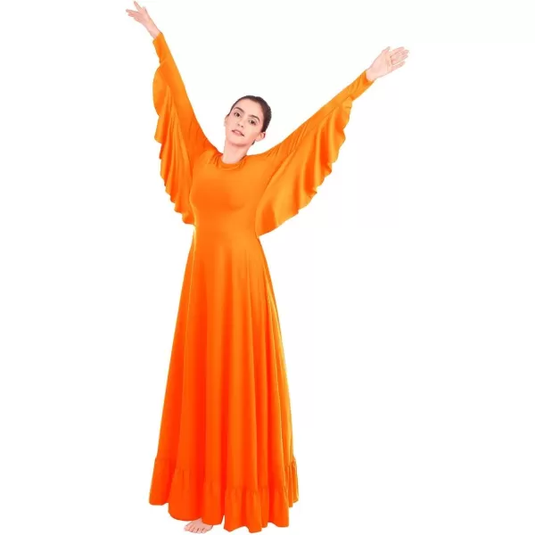 OwlFay Womens Angel Wings Liturgical Praise Dance Dress Solid Ruffle Loose Fit Full Length Church Dancewear Worship CostumeOrange