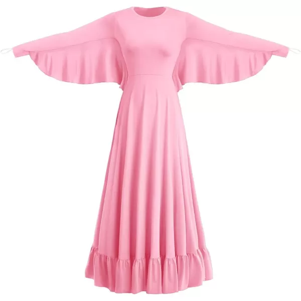 OwlFay Womens Angel Wings Liturgical Praise Dance Dress Solid Ruffle Loose Fit Full Length Church Dancewear Worship CostumePink