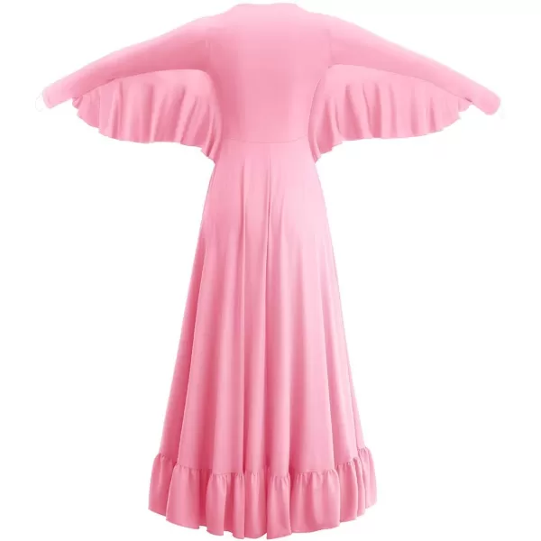 OwlFay Womens Angel Wings Liturgical Praise Dance Dress Solid Ruffle Loose Fit Full Length Church Dancewear Worship CostumePink