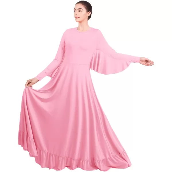 OwlFay Womens Angel Wings Liturgical Praise Dance Dress Solid Ruffle Loose Fit Full Length Church Dancewear Worship CostumePink