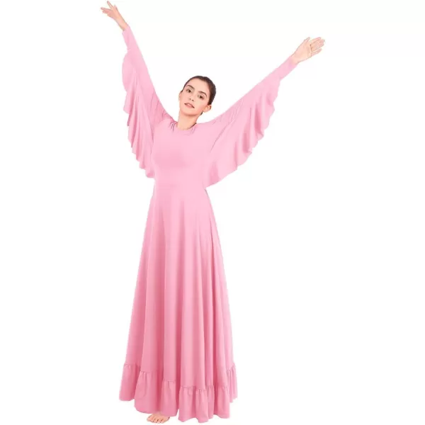 OwlFay Womens Angel Wings Liturgical Praise Dance Dress Solid Ruffle Loose Fit Full Length Church Dancewear Worship CostumePink