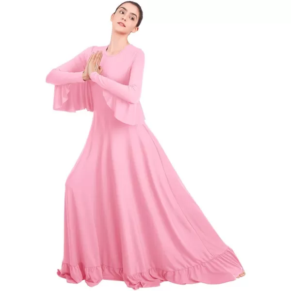 OwlFay Womens Angel Wings Liturgical Praise Dance Dress Solid Ruffle Loose Fit Full Length Church Dancewear Worship CostumePink