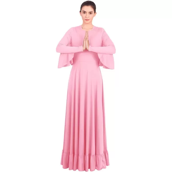 OwlFay Womens Angel Wings Liturgical Praise Dance Dress Solid Ruffle Loose Fit Full Length Church Dancewear Worship CostumePink