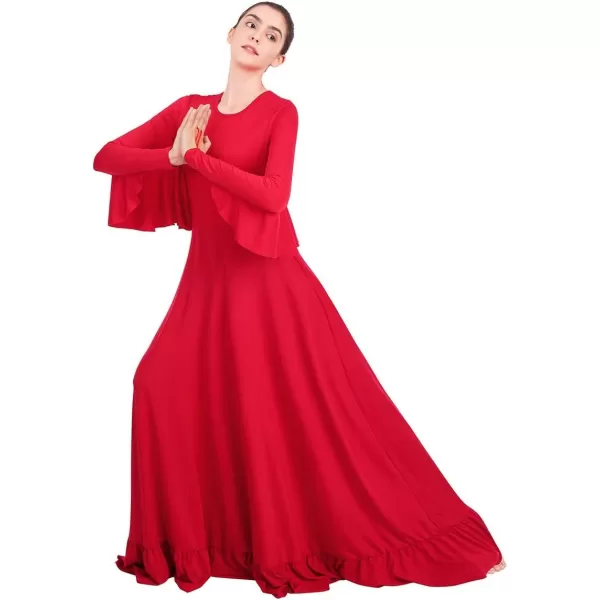 OwlFay Womens Angel Wings Liturgical Praise Dance Dress Solid Ruffle Loose Fit Full Length Church Dancewear Worship CostumeRed