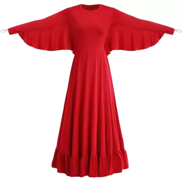 OwlFay Womens Angel Wings Liturgical Praise Dance Dress Solid Ruffle Loose Fit Full Length Church Dancewear Worship CostumeRed